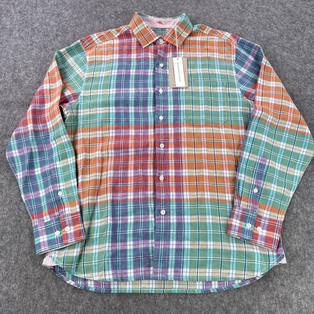 Tommy Bahama Shirt Mens Medium Multicolor Plaid Barbados Breeze Stretch Linen